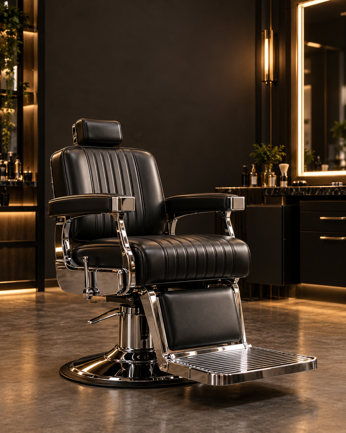 Schwarzer Barberstuhl mit Chromgestell im Barbershop
