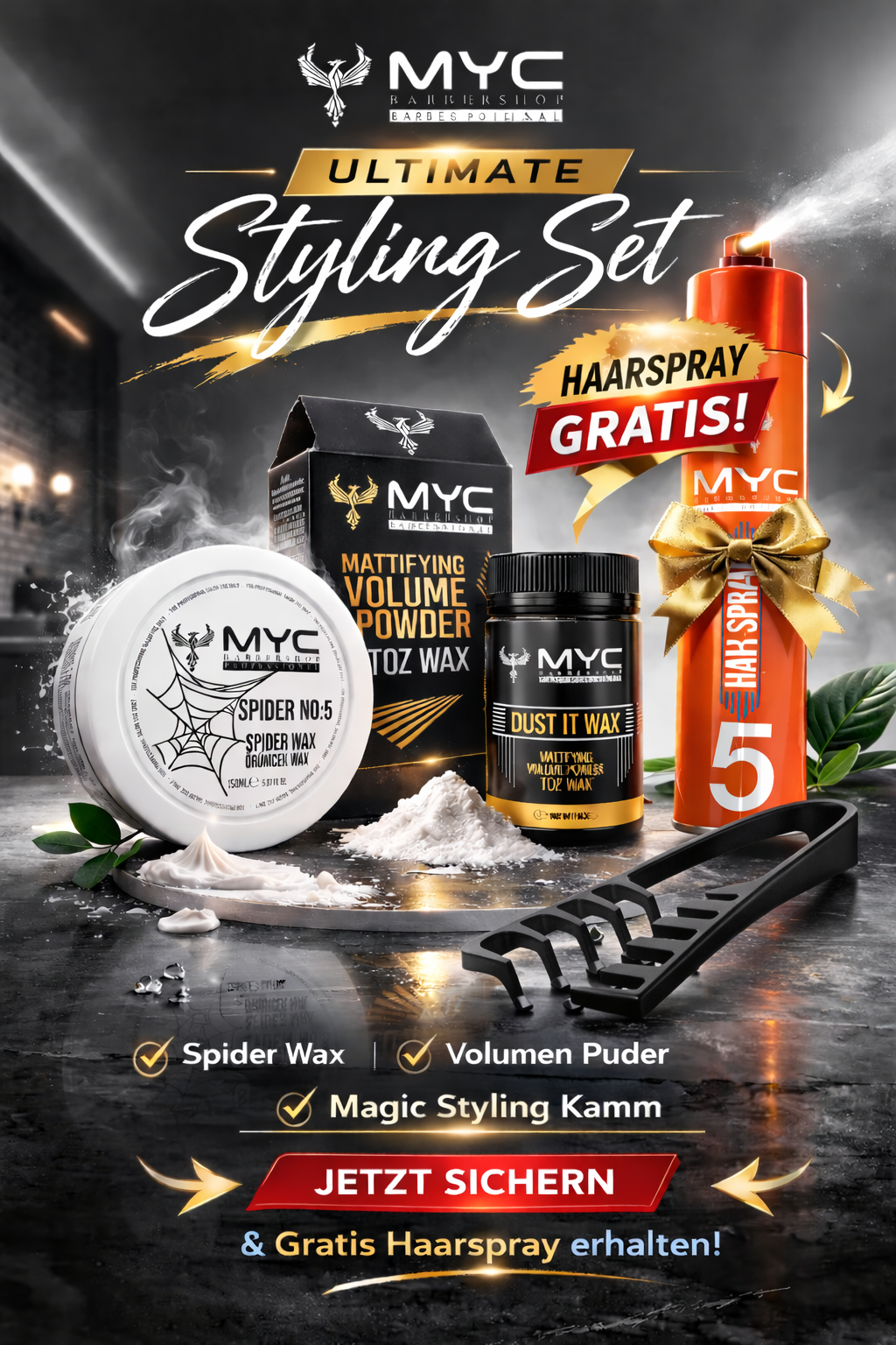 MYC Ultimate Styling Set – Spider Wax, Volumen Puder & Haarspray GRATIS inkl. Magic Styling Kamm