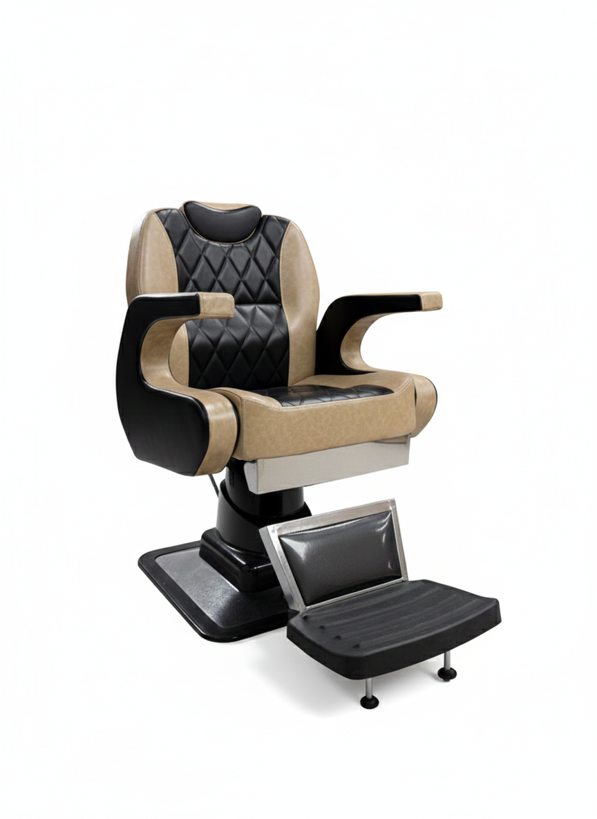 MYC Luxury Barberstuhl – Beige & Schwarz | Steppdesign | Hydraulisch | Premium-Serie