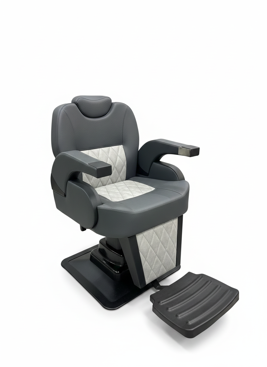 MYC Moderner Barberstuhl – Grau & Anthrazit | Hydraulisch | Steppdesign | Profi-Ausführung