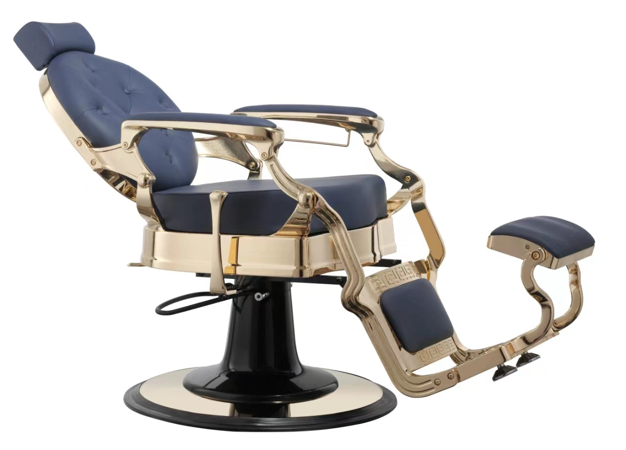 MYC Empire Luxus Barberstuhl Blau Gold – Premium Friseurstuhl für Barbershop