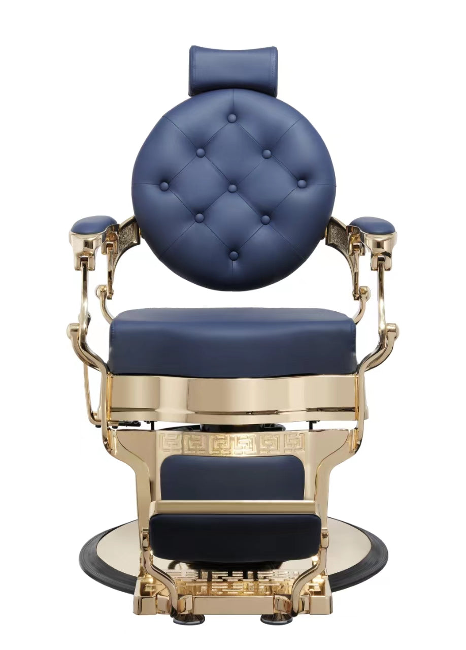 MYC Empire Luxus Barberstuhl Blau Gold – Premium Friseurstuhl für Barbershop