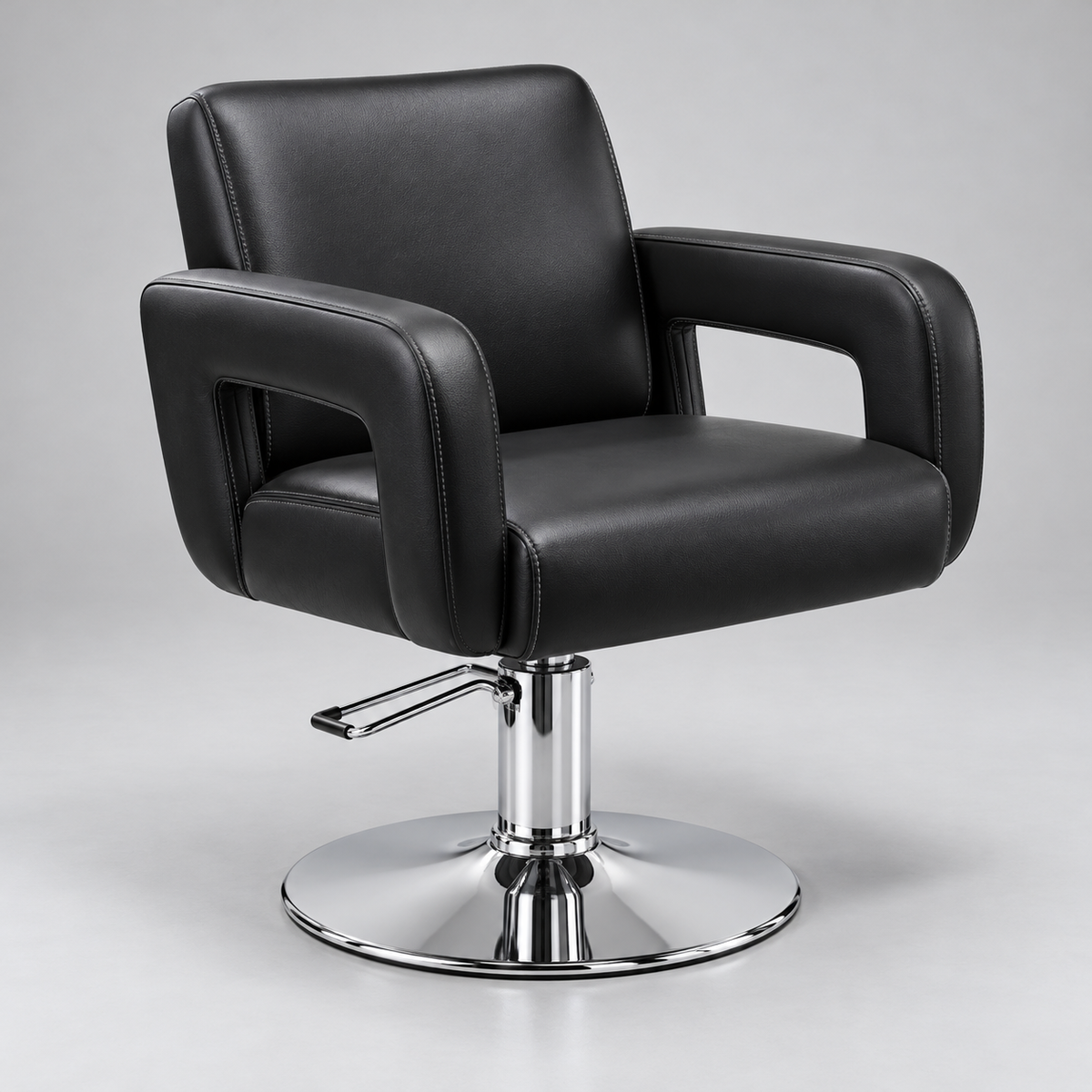 Schwarzer Friseurstuhl mit Chrom-Tellerfuß